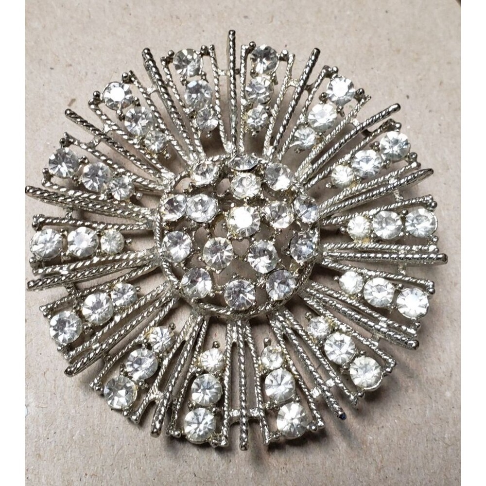 Vintage Large Sunburst Crystal Rhinestone 2.5" Silver Tone Brooch - Picture 7 of 16